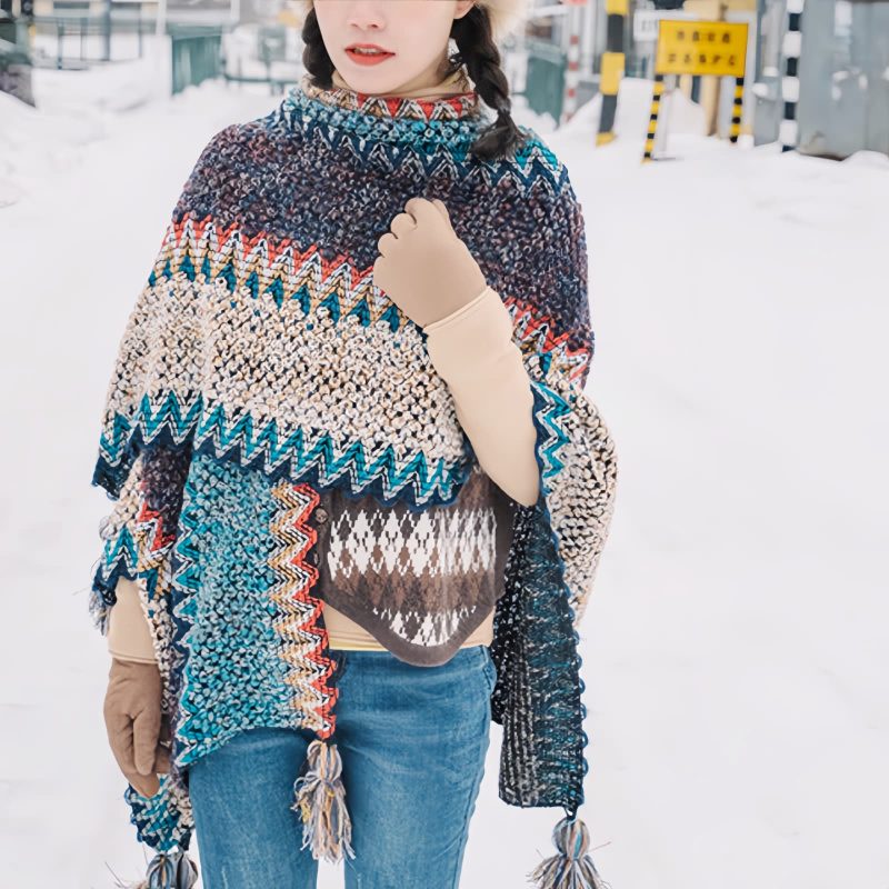 Selendang Poni Bergelombang Tibet Biru Beige Tibetan Blue Beige Wavy Tassel Shawl