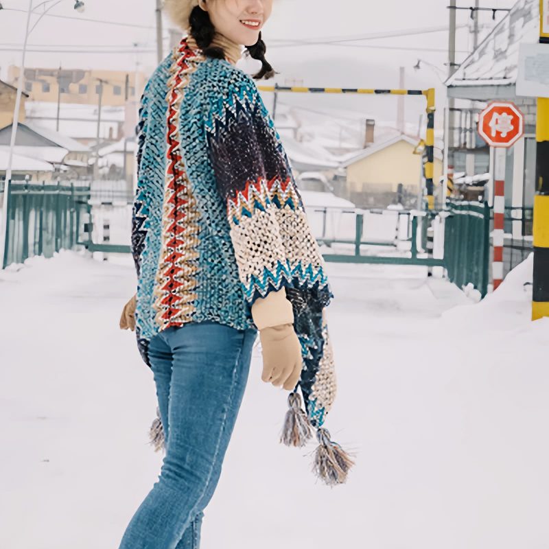 Selendang Poni Bergelombang Tibet Biru Beige Tibetan Blue Beige Wavy Tassel Shawl
