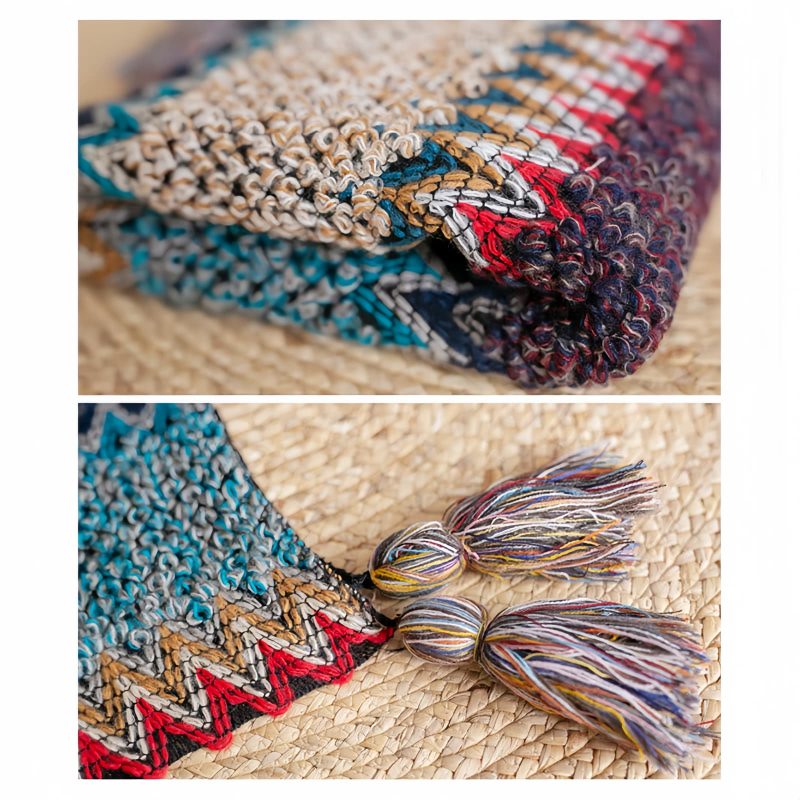 Selendang Poni Bergelombang Tibet Biru Beige Tibetan Blue Beige Wavy Tassel Shawl
