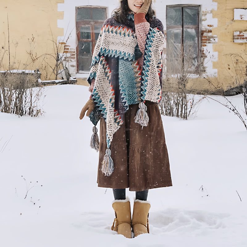 Selendang Poni Bergelombang Tibet Biru Beige Tibetan Blue Beige Wavy Tassel Shawl
