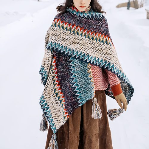 Chale Tibetano con Borlas Onduladas, Azul Beige Chale Tibetano con Borlas Onduladas, Azul Beige