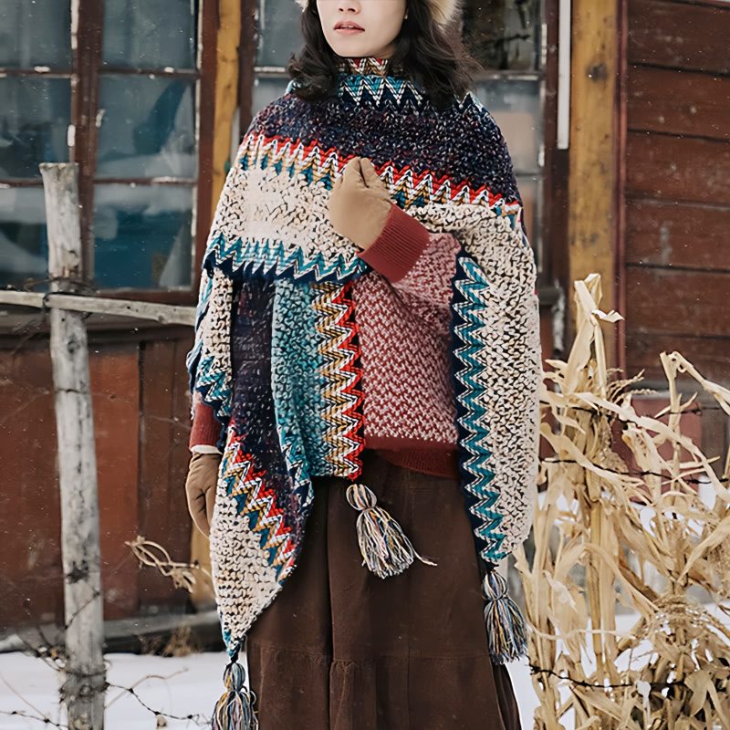 Selendang Poni Bergelombang Tibet Biru Beige Tibetan Blue Beige Wavy Tassel Shawl