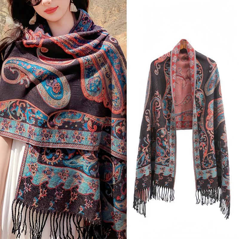 Xale Tibetano com Borlas e Flor de Caju Tibetan Cashew Flower Tassel Shawl