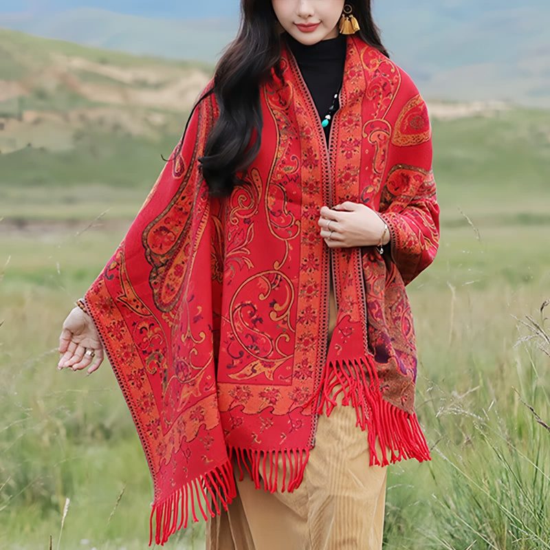 Xale Tibetano com Borlas e Flor de Caju Tibetan Cashew Flower Tassel Shawl