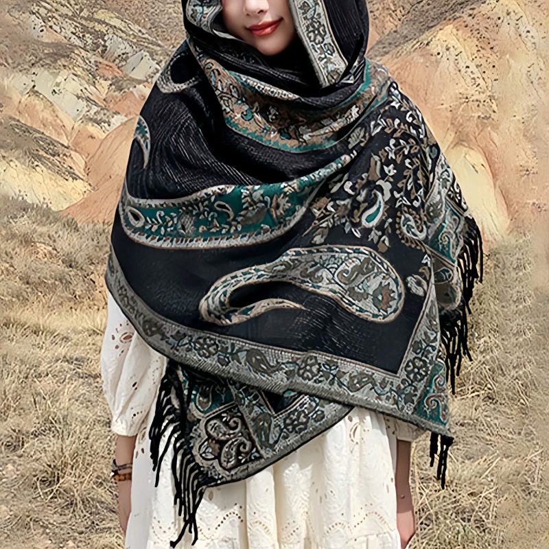 Xale Tibetano com Borlas e Flor de Caju Tibetan Cashew Flower Tassel Shawl