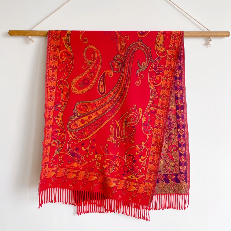Xale Tibetano com Borlas e Flor de Caju Tibetan Cashew Flower Tassel Shawl