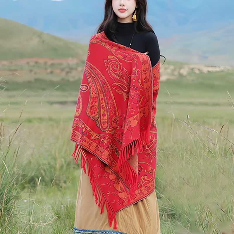 Xale Tibetano com Borlas e Flor de Caju Tibetan Cashew Flower Tassel Shawl