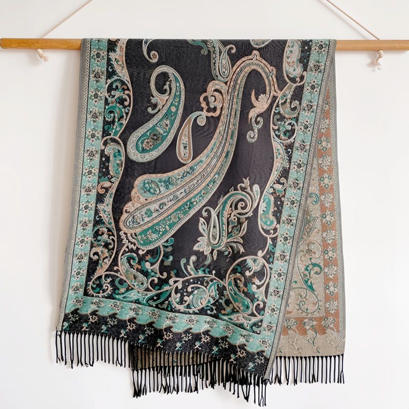 Xale Tibetano com Borlas e Flor de Caju Tibetan Cashew Flower Tassel Shawl