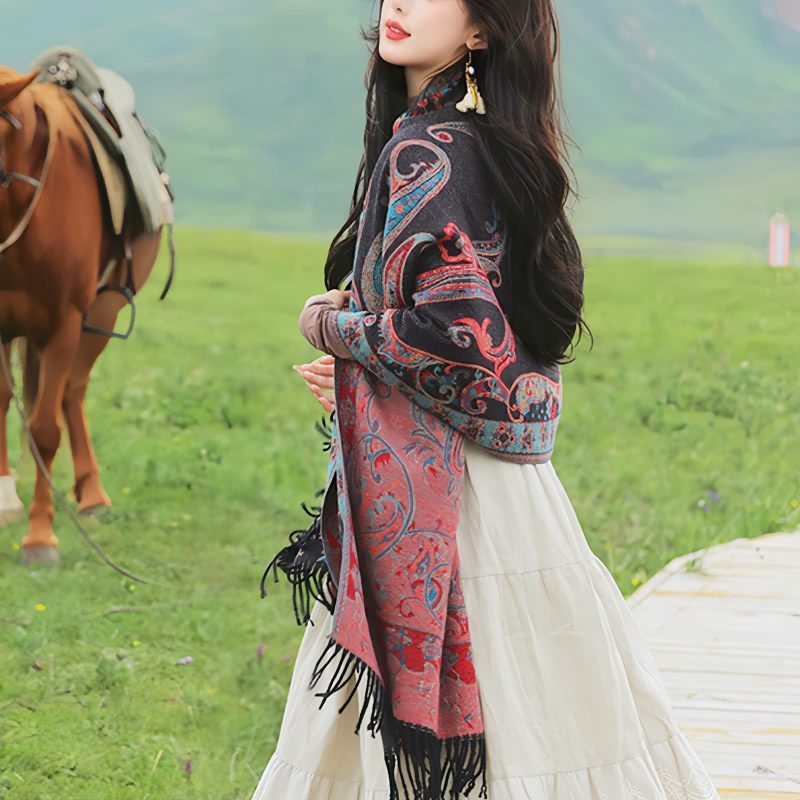 Xale Tibetano com Borlas e Flor de Caju Tibetan Cashew Flower Tassel Shawl