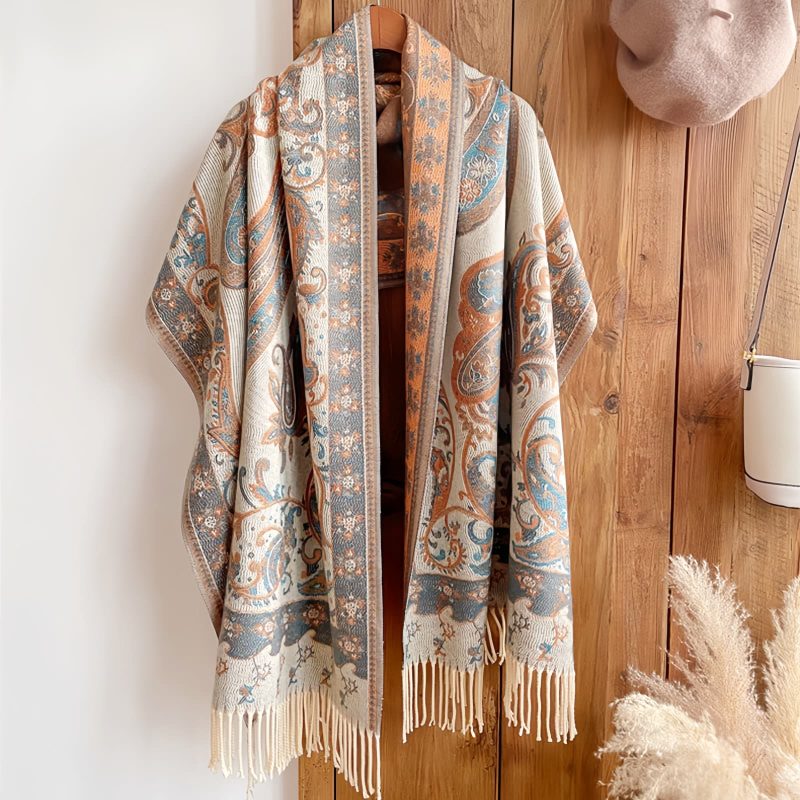 Xale Tibetano com Borlas e Flor de Caju Tibetan Cashew Flower Tassel Shawl