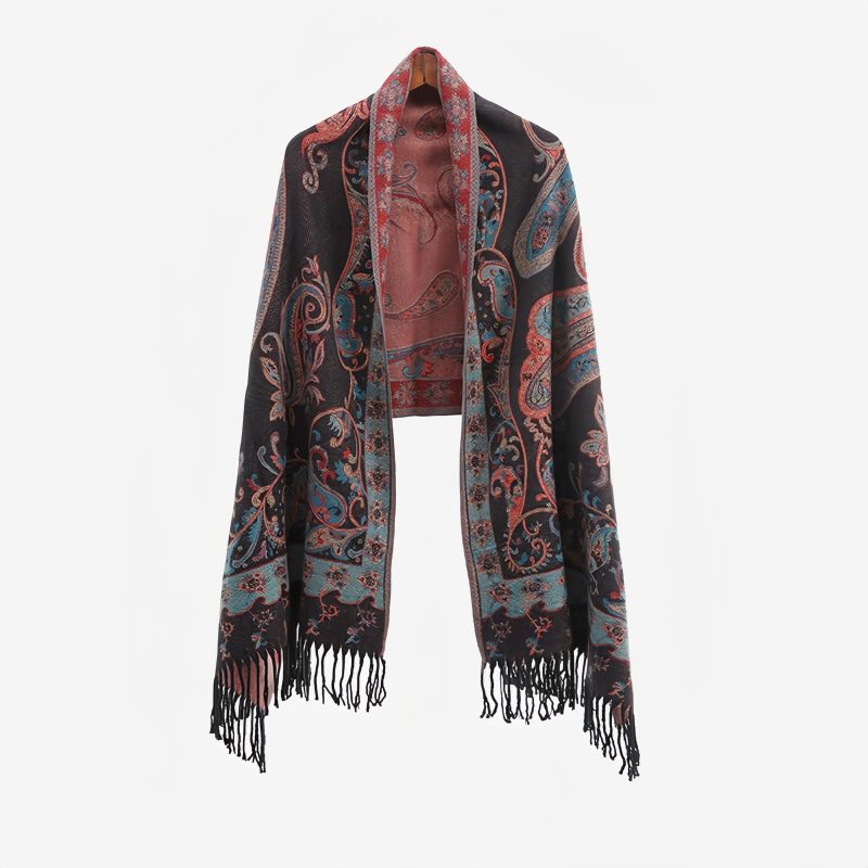 Xale Tibetano com Borlas e Flor de Caju Tibetan Cashew Flower Tassel Shawl