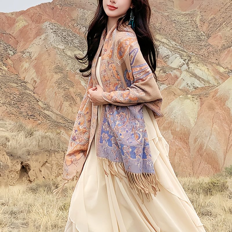 Xale Tibetano com Borlas e Flor de Caju Tibetan Cashew Flower Tassel Shawl
