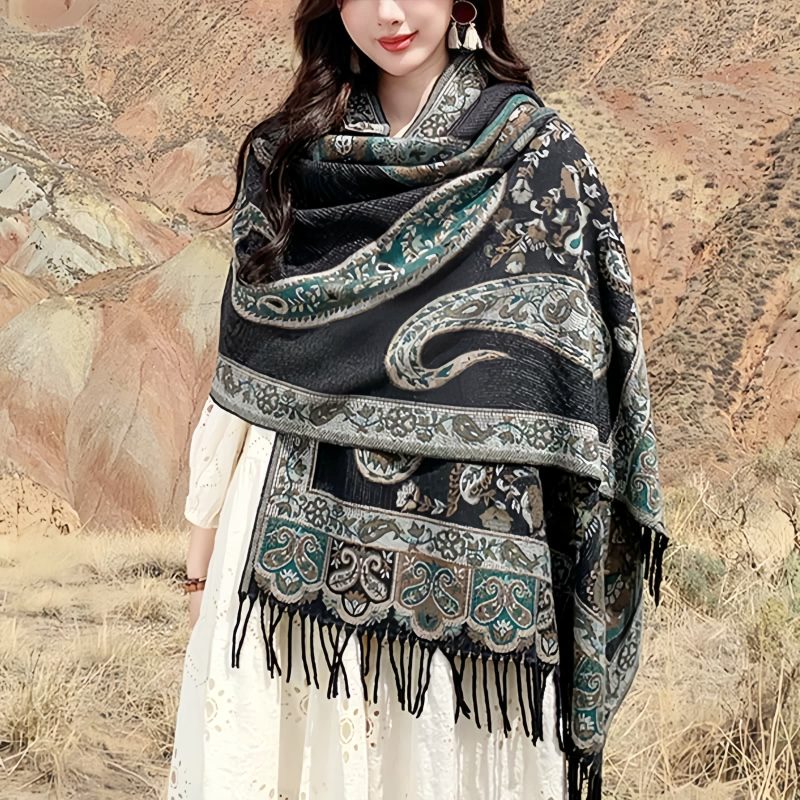 Xale Tibetano com Borlas e Flor de Caju Tibetan Cashew Flower Tassel Shawl