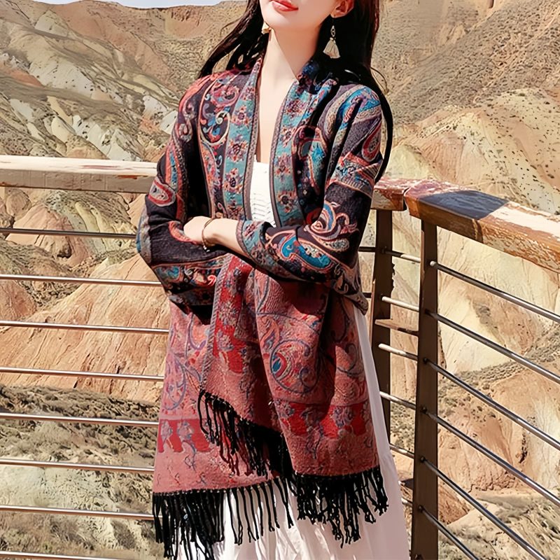 Xale Tibetano com Borlas e Flor de Caju Tibetan Cashew Flower Tassel Shawl