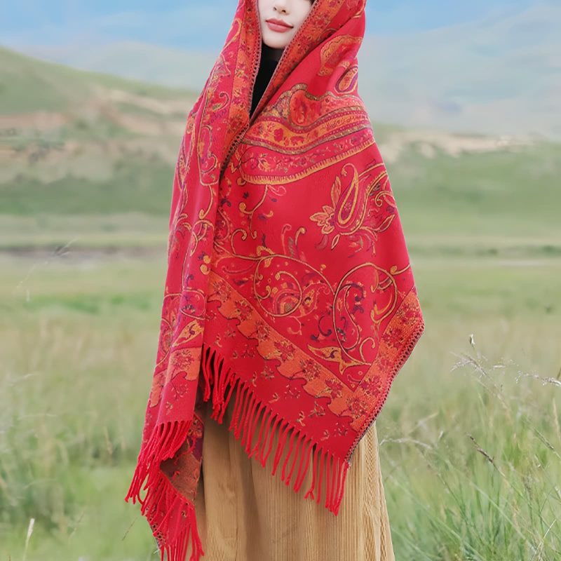 Xale Tibetano com Borlas e Flor de Caju Tibetan Cashew Flower Tassel Shawl