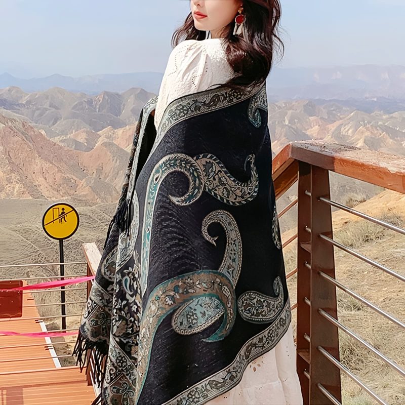 Xale Tibetano com Borlas e Flor de Caju Tibetan Cashew Flower Tassel Shawl