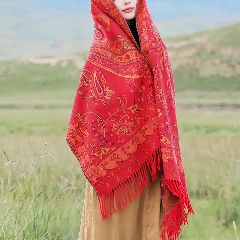 Xale Tibetano com Borlas e Flor de Caju Tibetan Cashew Flower Tassel Shawl