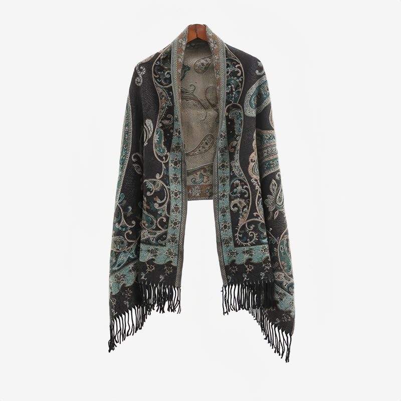 Xale Tibetano com Borlas e Flor de Caju Tibetan Cashew Flower Tassel Shawl