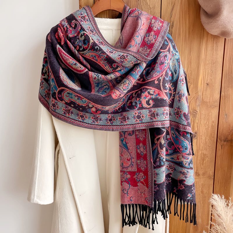 Xale Tibetano com Borlas e Flor de Caju Tibetan Cashew Flower Tassel Shawl