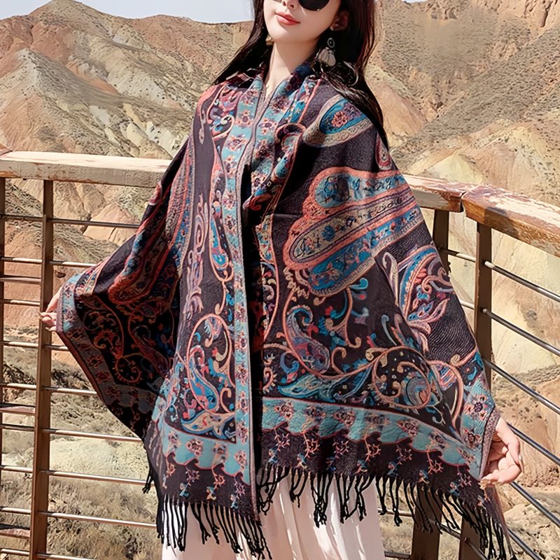 Xale Tibetano com Borlas e Flor de Caju Tibetan Cashew Flower Tassel Shawl