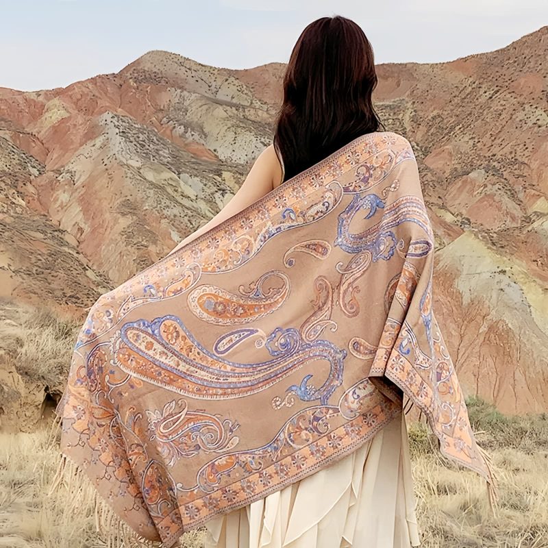 Xale Tibetano com Borlas e Flor de Caju Tibetan Cashew Flower Tassel Shawl