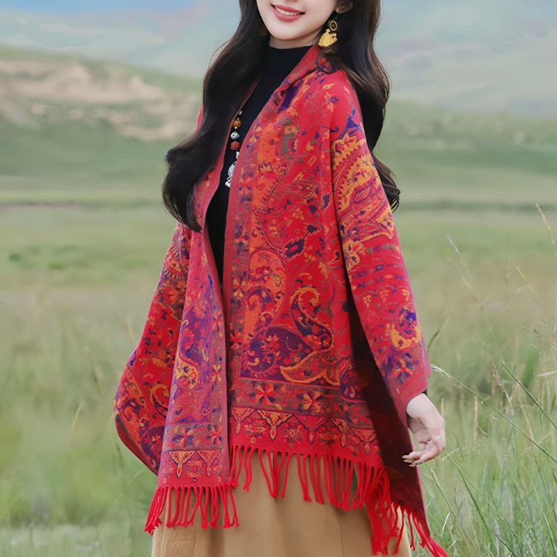 Chal envolvente con estampado de flores de anacardo tibetano Tibetan Cashew Flowers Shawl Wrap
