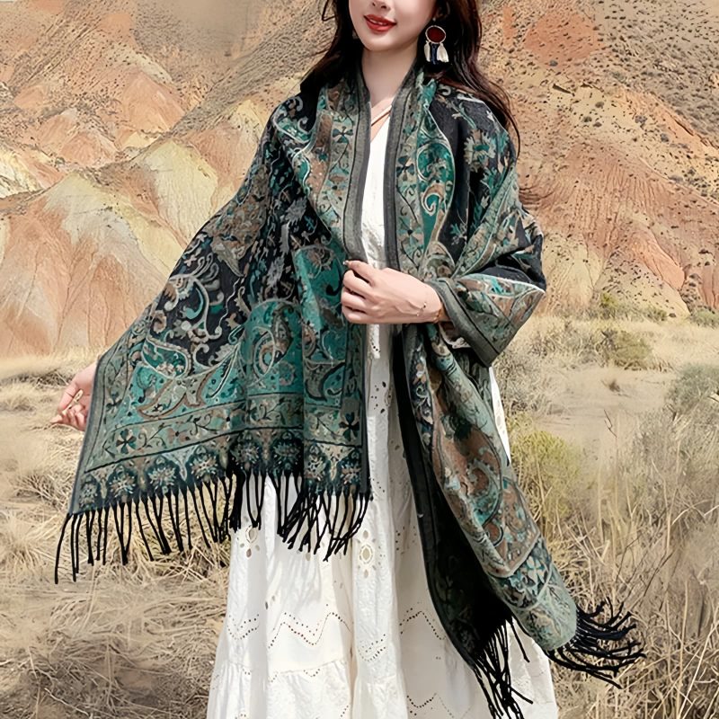 Chal envolvente con estampado de flores de anacardo tibetano Tibetan Cashew Flowers Shawl Wrap