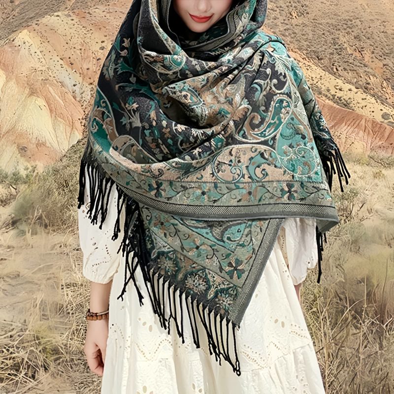 Chal envolvente con estampado de flores de anacardo tibetano Tibetan Cashew Flowers Shawl Wrap