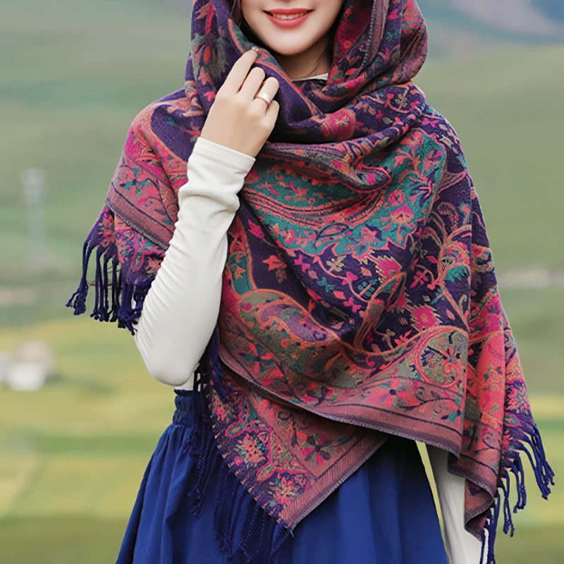 Chal envolvente con estampado de flores de anacardo tibetano Tibetan Cashew Flowers Shawl Wrap