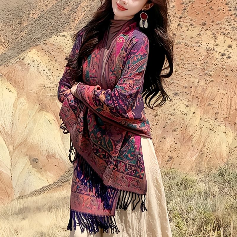 Chal envolvente con estampado de flores de anacardo tibetano Tibetan Cashew Flowers Shawl Wrap