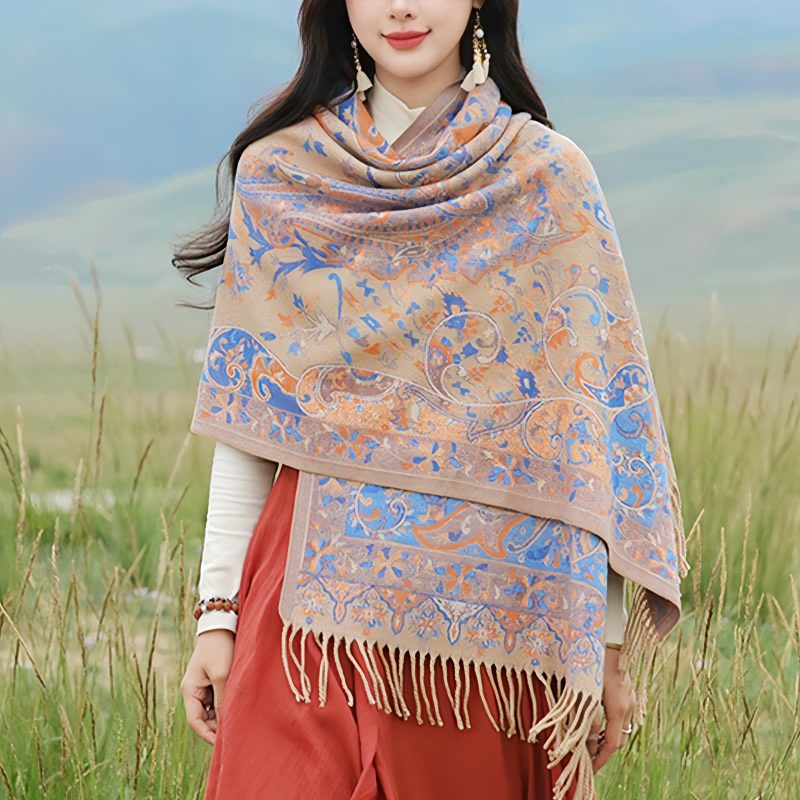 Chal envolvente con estampado de flores de anacardo tibetano Tibetan Cashew Flowers Shawl Wrap