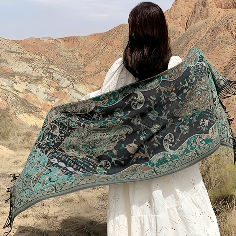 Chal envolvente con estampado de flores de anacardo tibetano Tibetan Cashew Flowers Shawl Wrap