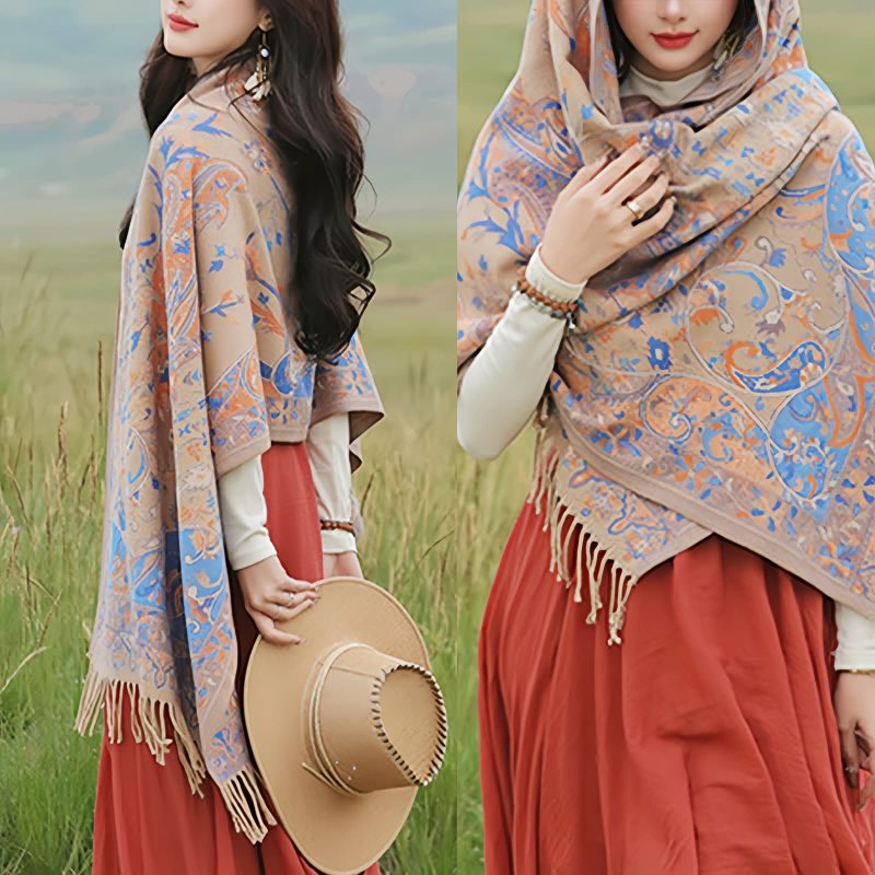 Chal envolvente con estampado de flores de anacardo tibetano Tibetan Cashew Flowers Shawl Wrap