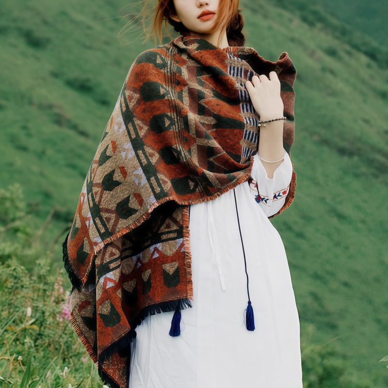 Chale Tibetano con Patrón Geométrico Clásico Tibetan Classic Geometry Pattern Shawl