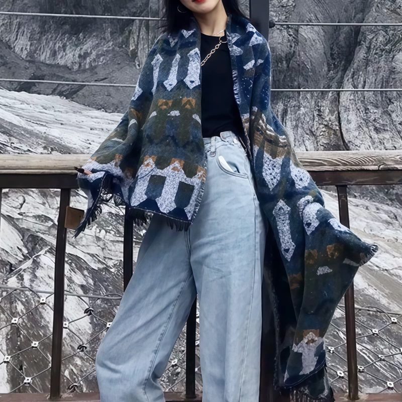 Chale Tibetano con Patrón Geométrico Clásico Tibetan Classic Geometry Pattern Shawl