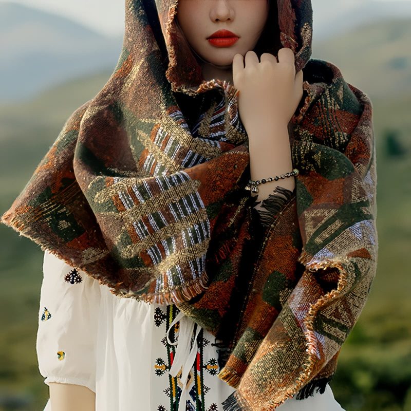 Chale Tibetano con Patrón Geométrico Clásico Tibetan Classic Geometry Pattern Shawl