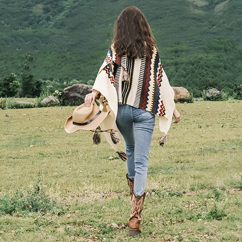 Chale Tibetano con Franjas de Colores y Borlas Tibetan Colorful Striped Tassel Shawl