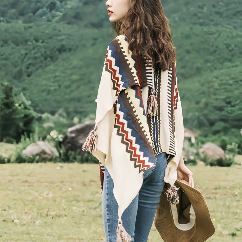 Chale Tibetano con Franjas de Colores y Borlas Tibetan Colorful Striped Tassel Shawl
