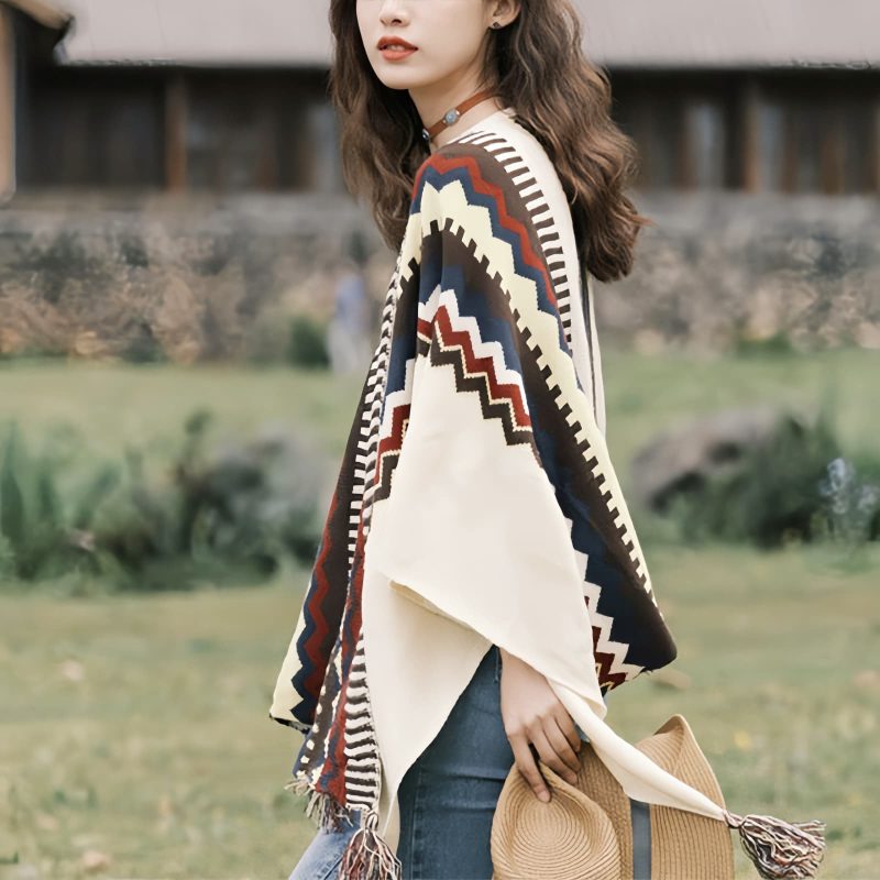 Chale Tibetano con Franjas de Colores y Borlas Tibetan Colorful Striped Tassel Shawl