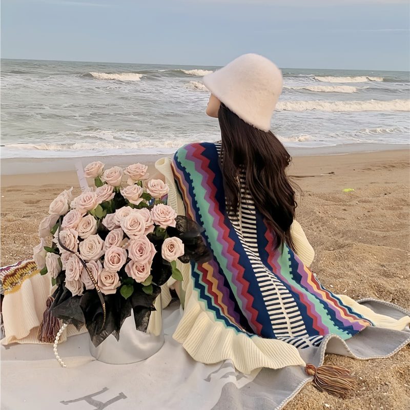 Chale Tibetano con Franjas de Colores y Borlas Tibetan Colorful Striped Tassel Shawl