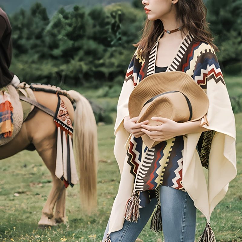Chale Tibetano con Franjas de Colores y Borlas Tibetan Colorful Striped Tassel Shawl