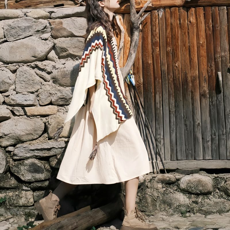Chale Tibetano con Franjas de Colores y Borlas Tibetan Colorful Striped Tassel Shawl