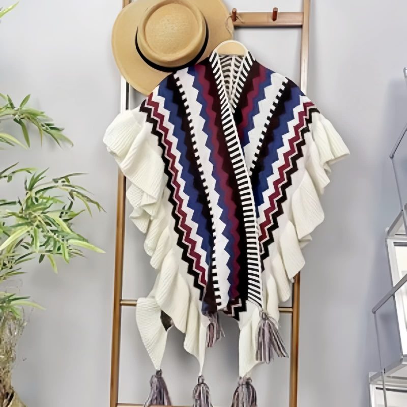 Chale Tibetano con Franjas de Colores y Borlas Tibetan Colorful Striped Tassel Shawl