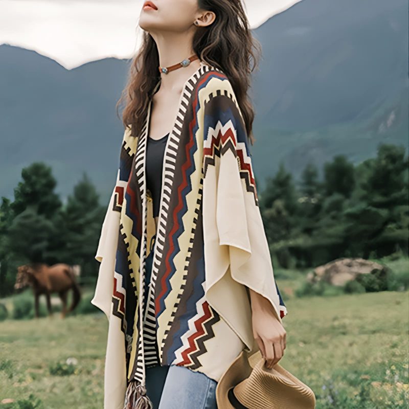 Chale Tibetano con Franjas de Colores y Borlas Tibetan Colorful Striped Tassel Shawl