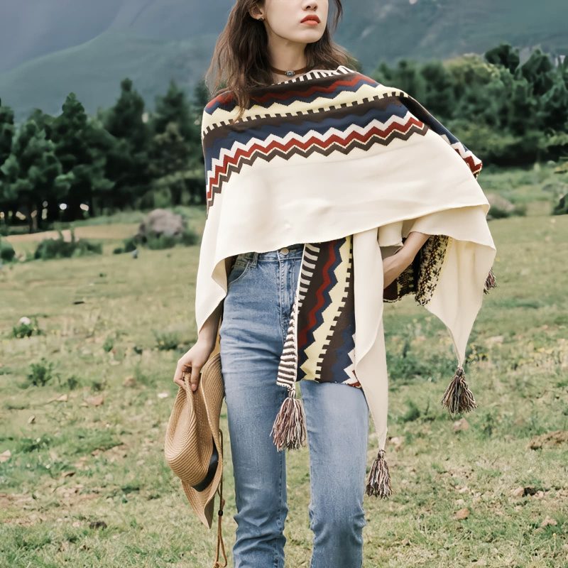Chale Tibetano con Franjas de Colores y Borlas Tibetan Colorful Striped Tassel Shawl