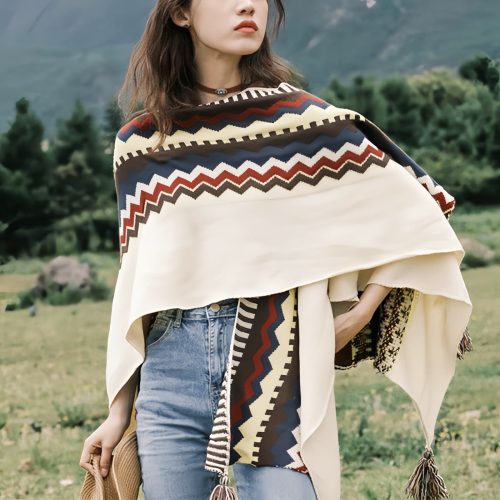 Chale Tibetano con Franjas de Colores y Borlas Chale Tibetano con Franjas de Colores y Borlas