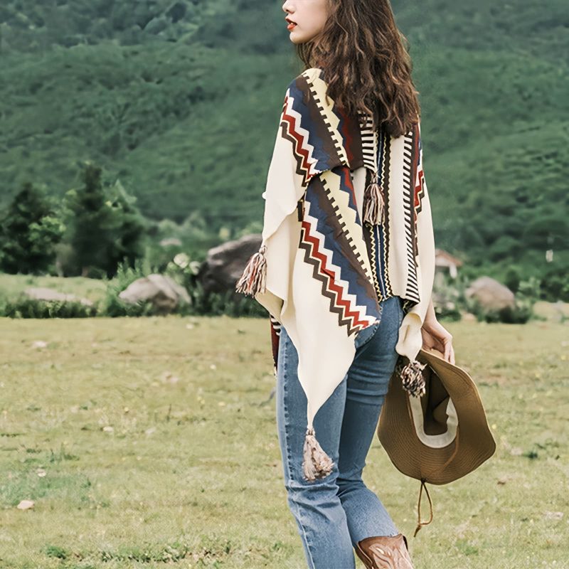 Chale Tibetano con Franjas de Colores y Borlas Tibetan Colorful Striped Tassel Shawl