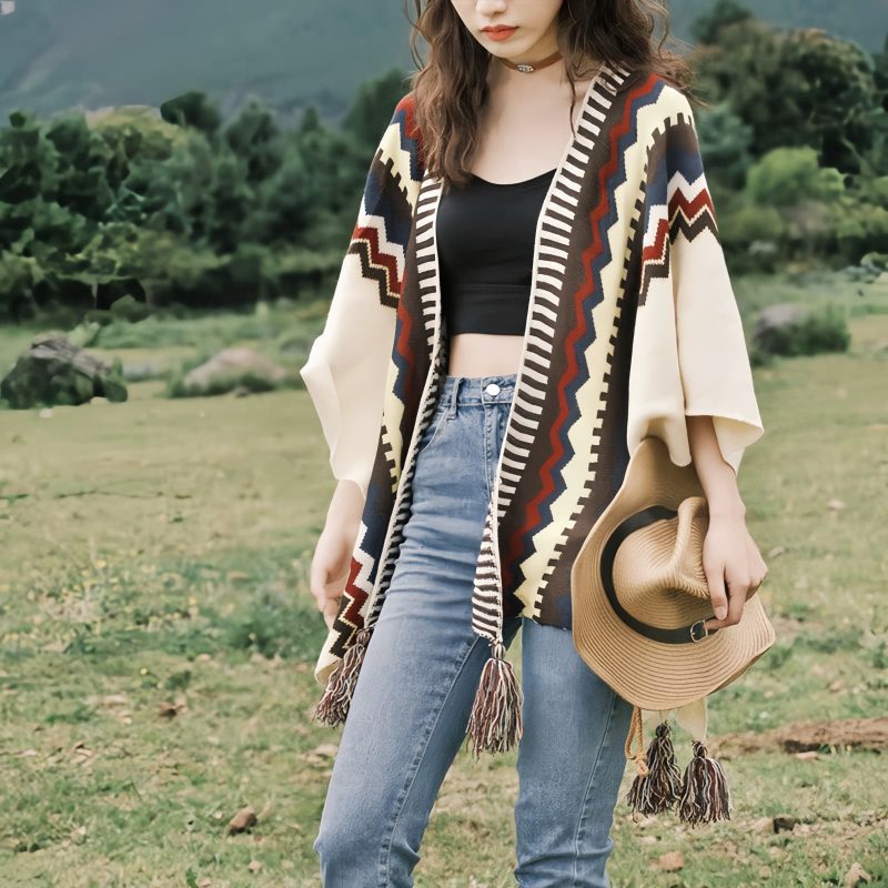 Chale Tibetano con Franjas de Colores y Borlas Tibetan Colorful Striped Tassel Shawl