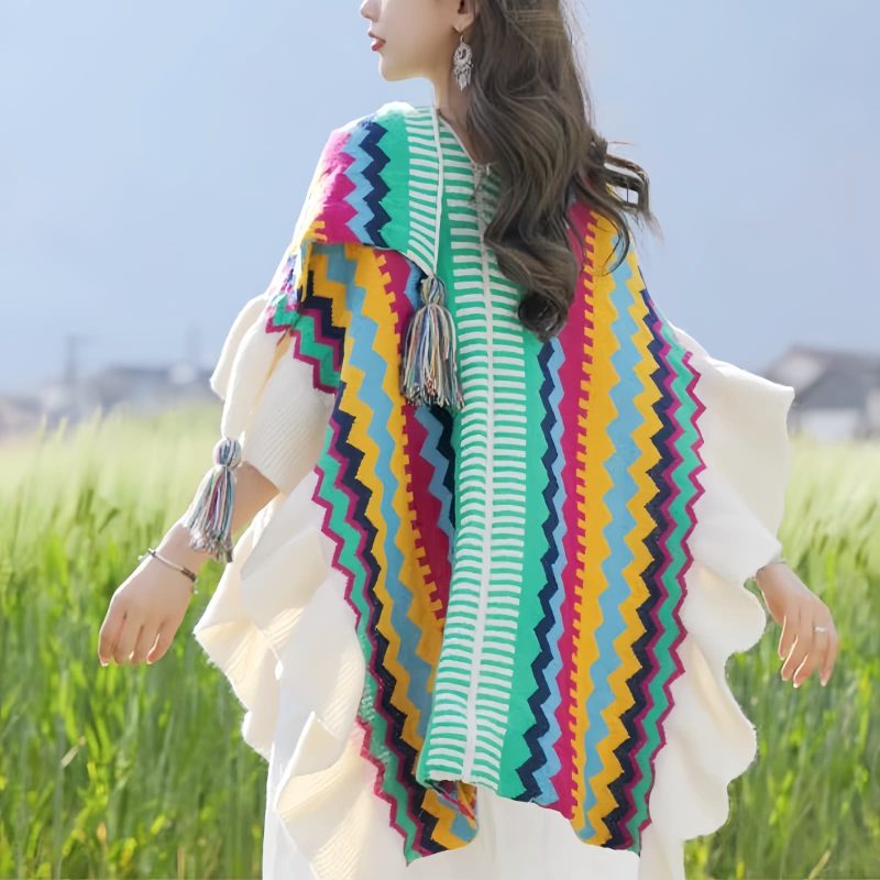 Chale Tibetano con Franjas de Colores y Borlas Tibetan Colorful Striped Tassel Shawl