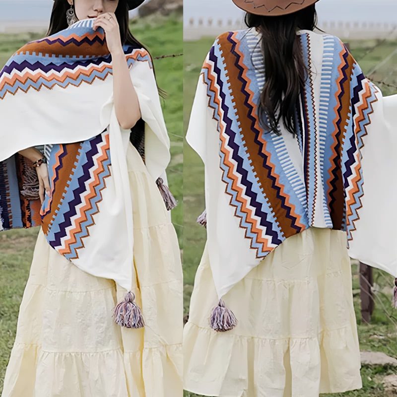 Chale Tibetano con Franjas de Colores y Borlas Tibetan Colorful Striped Tassel Shawl